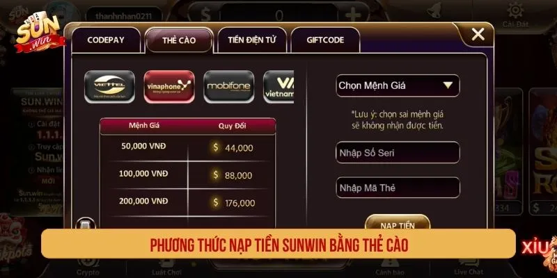 Phương thức nạp tiền SUNWIN bằng thẻ cào