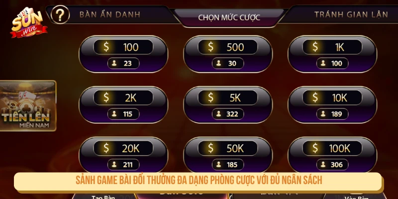 Sảnh game bài đổi thưởng đa dạng phòng cược với đủ ngân sách